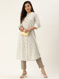 Ivory Ethnic Motifs Printed Mandarin Collar Roll-Up Sleeves Kurta with a pocket 