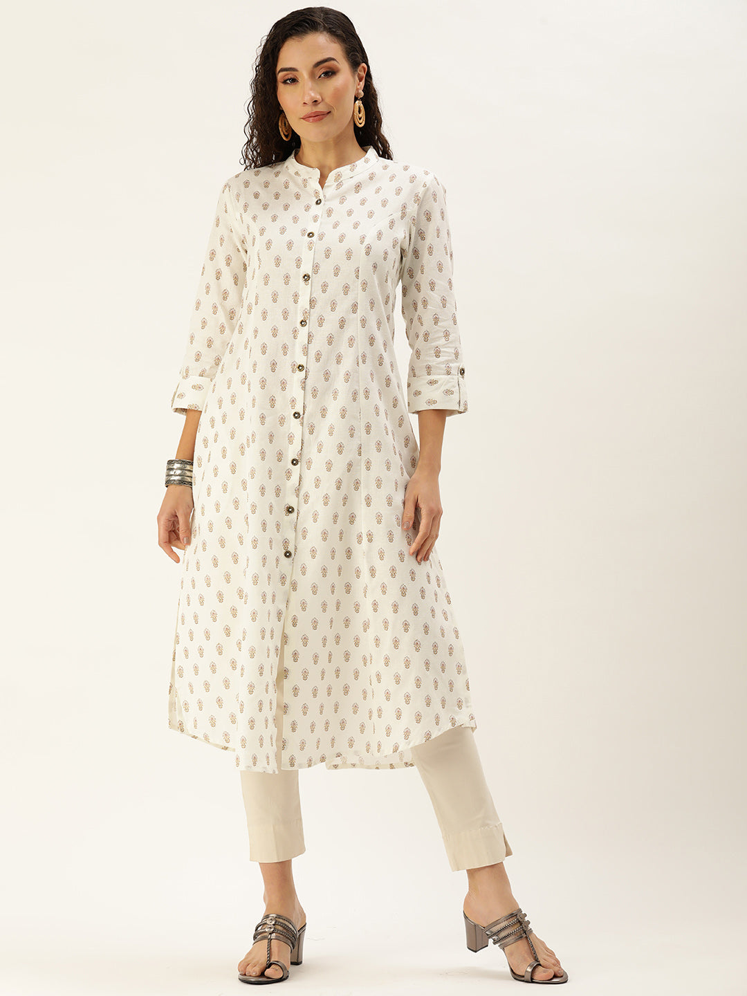 Beige Ethnic Motifs Printed Mandarin Collar Roll-Up Sleeves Kurta with a pocket 