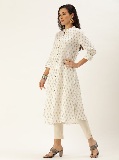 Beige Ethnic Motifs Printed Mandarin Collar Roll-Up Sleeves Kurta with a pocket 