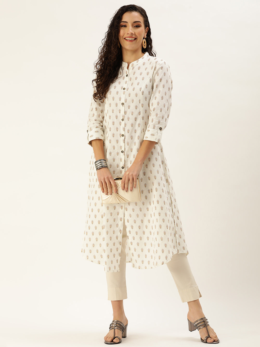 Beige Ethnic Motifs Printed Mandarin Collar Roll-Up Sleeves Kurta with a pocket 