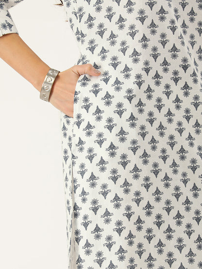 White Floral Printed Kurta with a pocket 