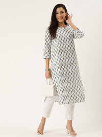White Floral Printed Kurta with a pocket 