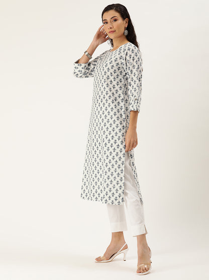 White Floral Printed Kurta with a pocket 