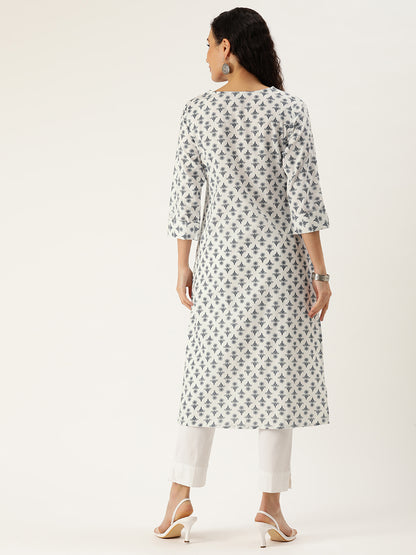 White Floral Printed Kurta with a pocket 