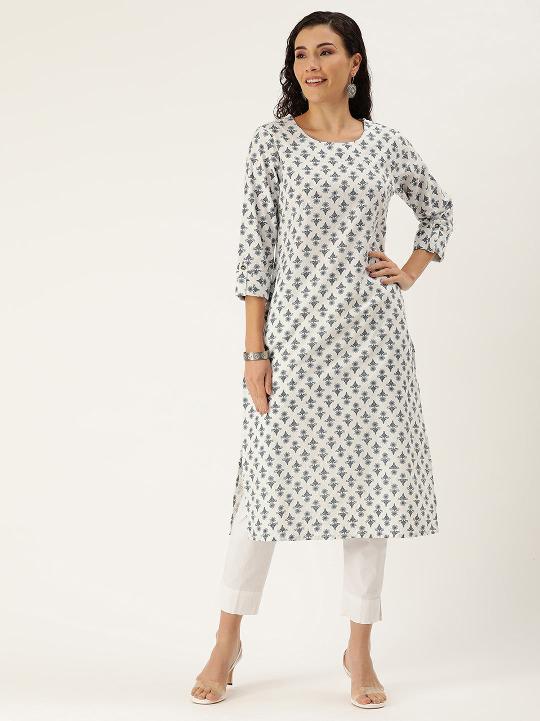 White Floral Printed Kurta with a pocket 