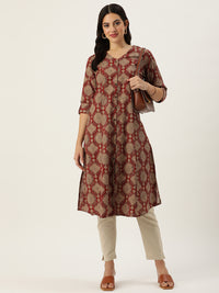 Red Geometric Printed Roll-Up Sleeves Kurta with a pocket 