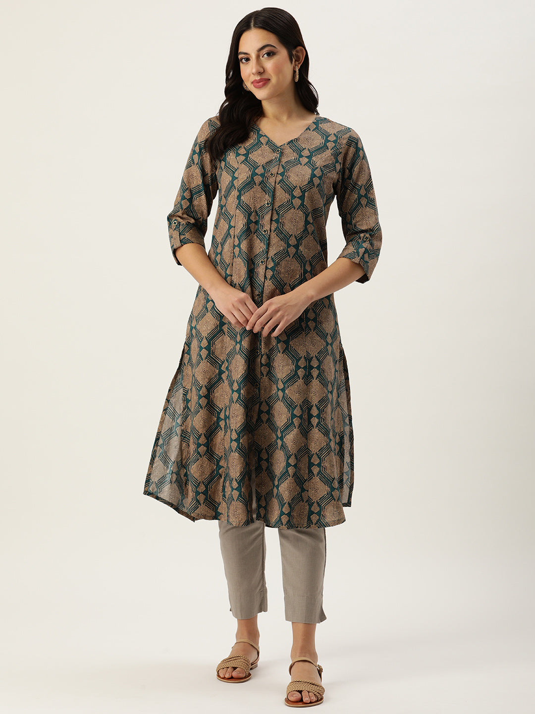 Teal & Beige Geometric Printed Roll-Up Sleeves Kurta with a pocket 