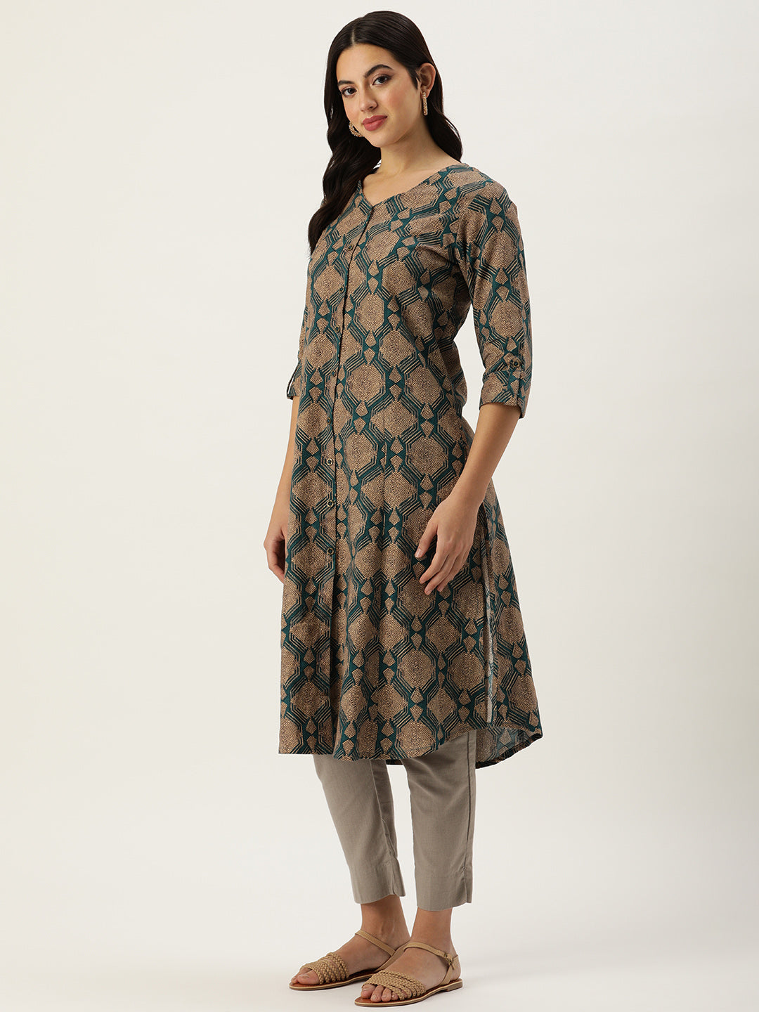 Teal & Beige Geometric Printed Roll-Up Sleeves Kurta with a pocket 