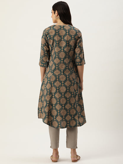 Teal & Beige Geometric Printed Roll-Up Sleeves Kurta with a pocket 