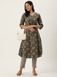 Teal & Beige Geometric Printed Roll-Up Sleeves Kurta with a pocket 