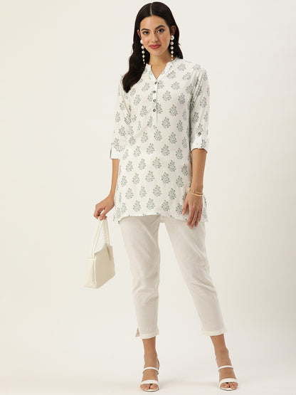 White Mandarin Collar Printed Ethnic Tunic