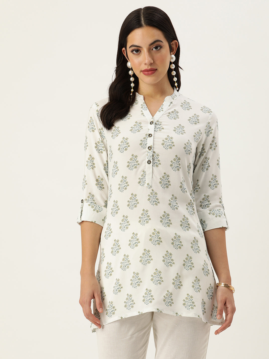 White Mandarin Collar Printed Ethnic Tunic