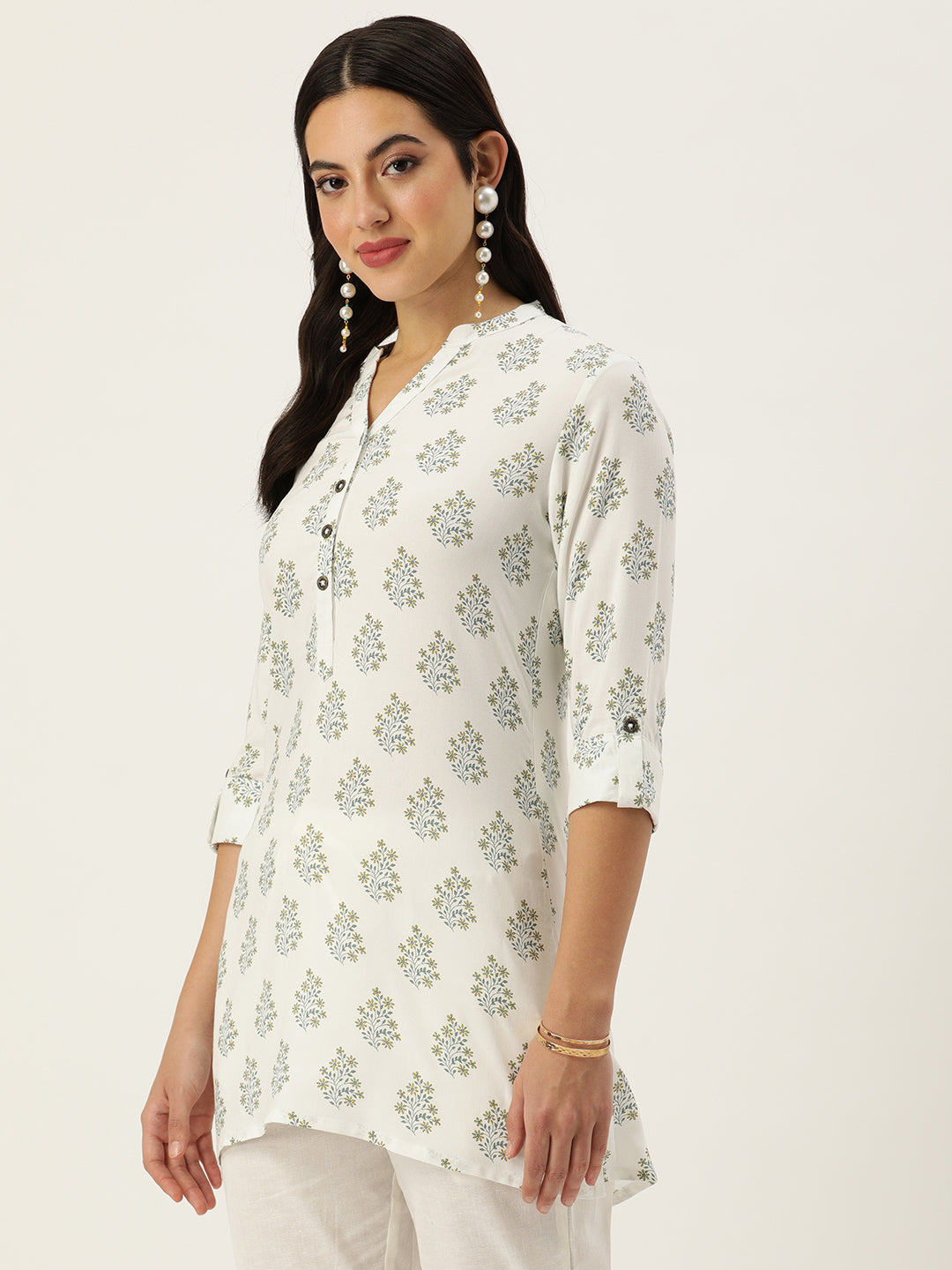 White Mandarin Collar Printed Ethnic Tunic