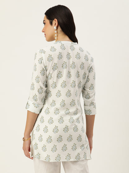 White Mandarin Collar Printed Ethnic Tunic