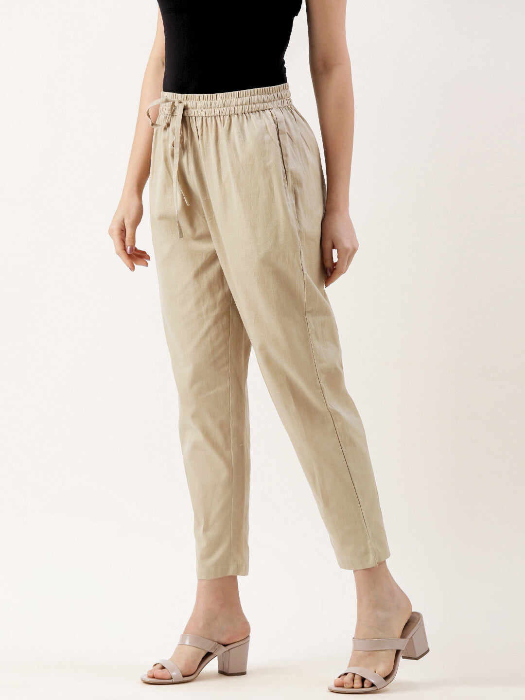 Beige Rayon Solid Pencil Pant