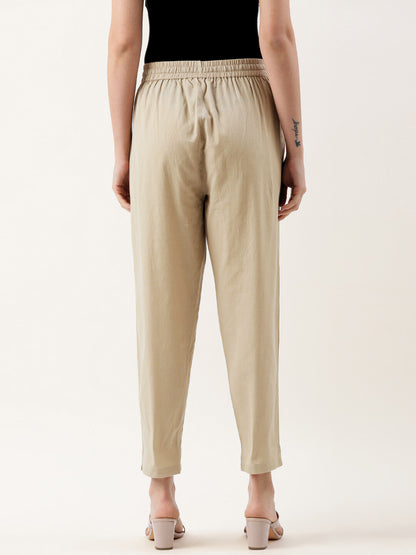 Beige Rayon Solid Pencil Pant