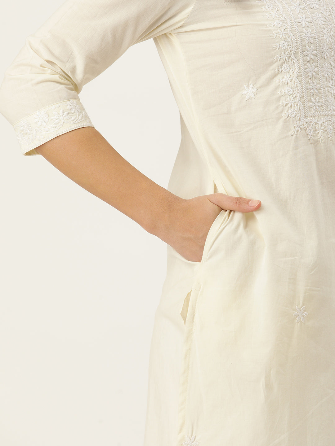 Ivory Floral Embroidered Thread Work Kurta with a pocket 