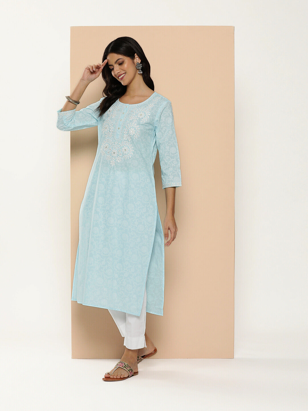 Blue Floral Embroidered Sequined Kurta