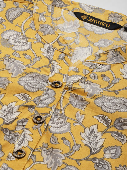 Mustard Yellow  Floral Printed Kurta with a pocket 