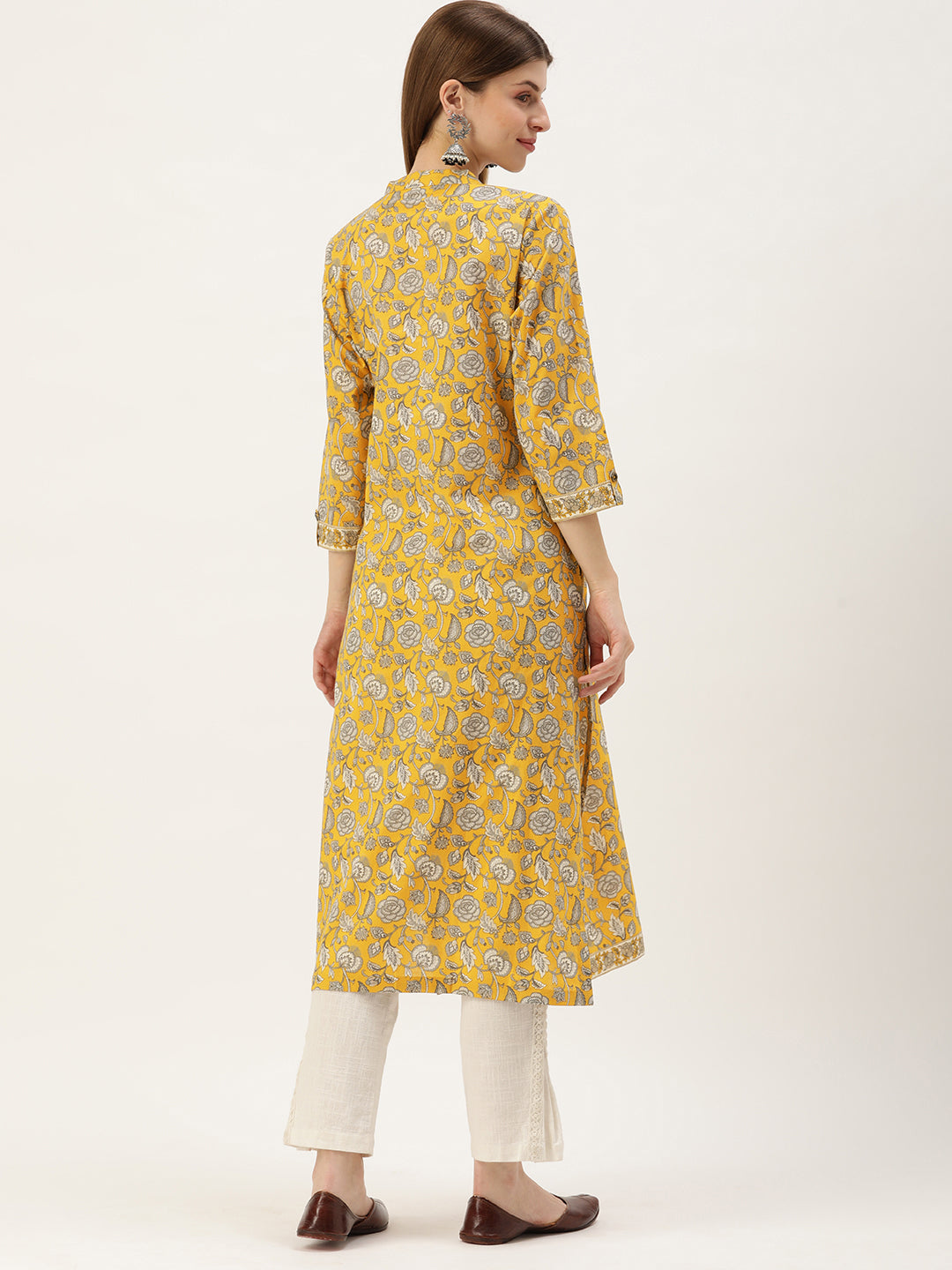 Mustard Yellow  Floral Printed Kurta with a pocket 