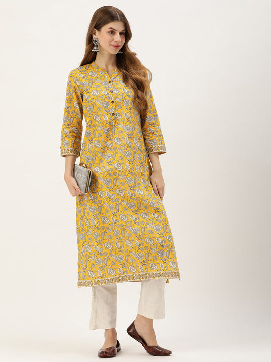 Mustard Yellow  Floral Printed Kurta with a pocket 