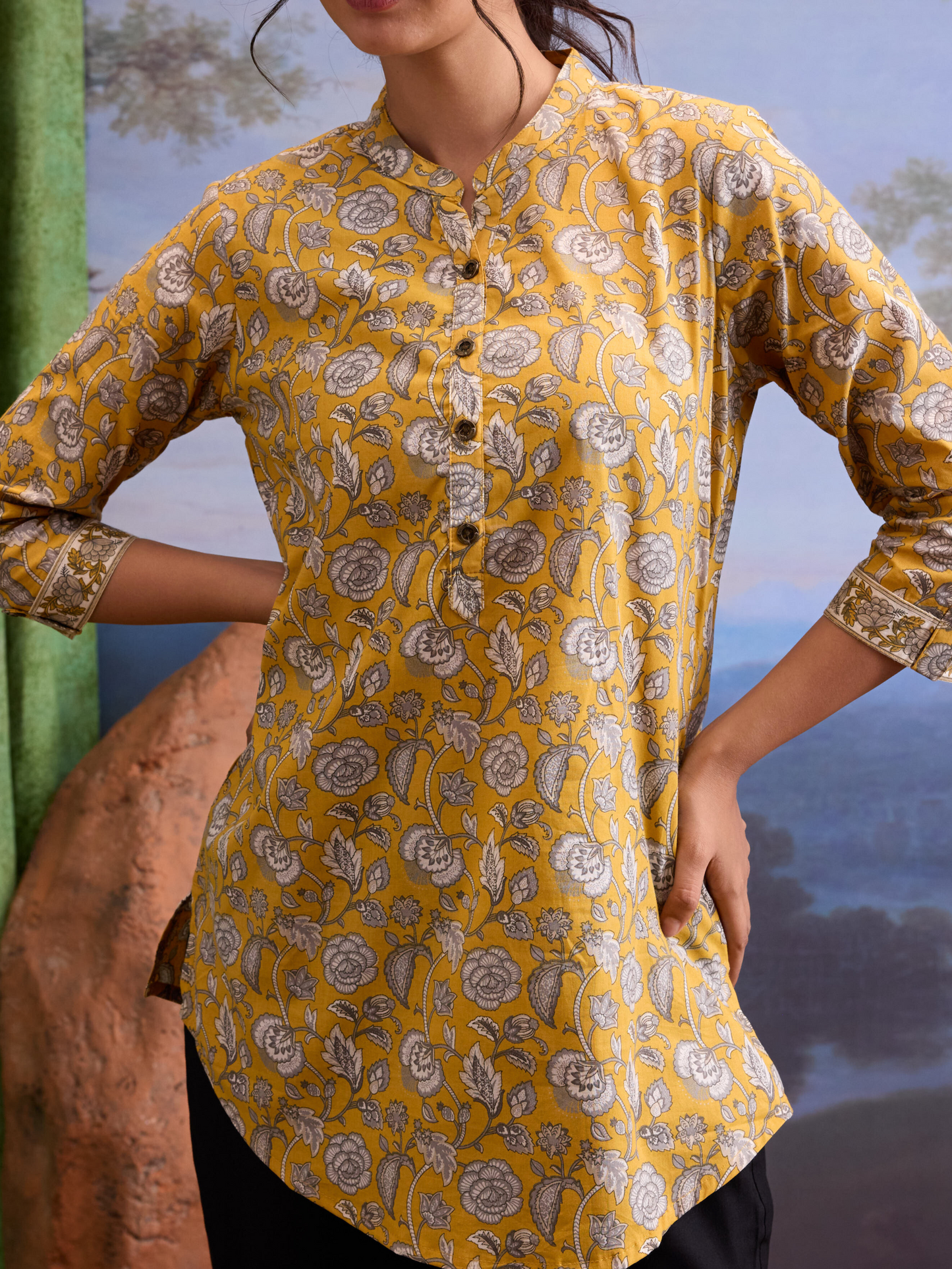 Mustard Yellow Floral Printed Mandarin Collar Tunic