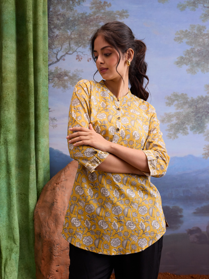 Mustard Yellow Floral Printed Mandarin Collar Tunic