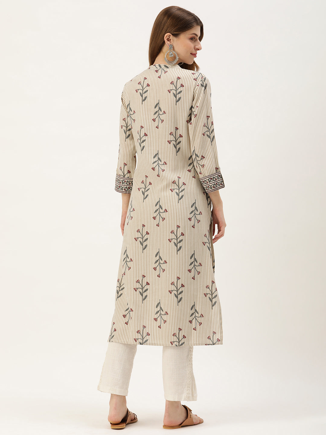 Beige Floral Printed Kurta with a pocket