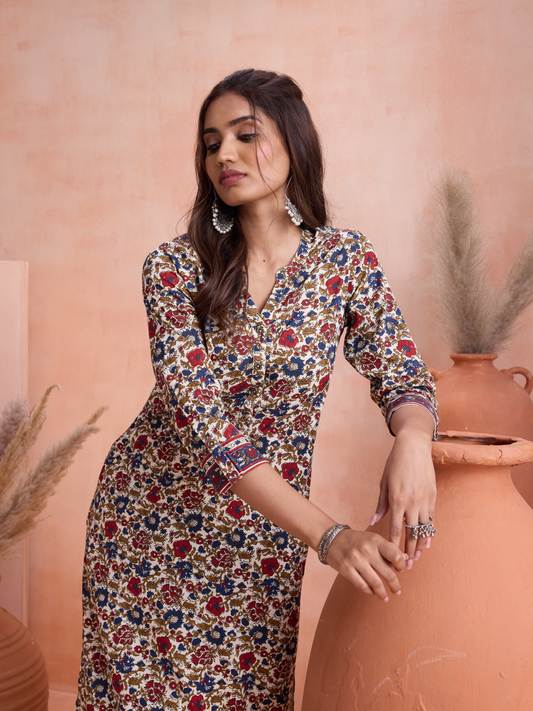 Red & Blue Floral Printed Kurta