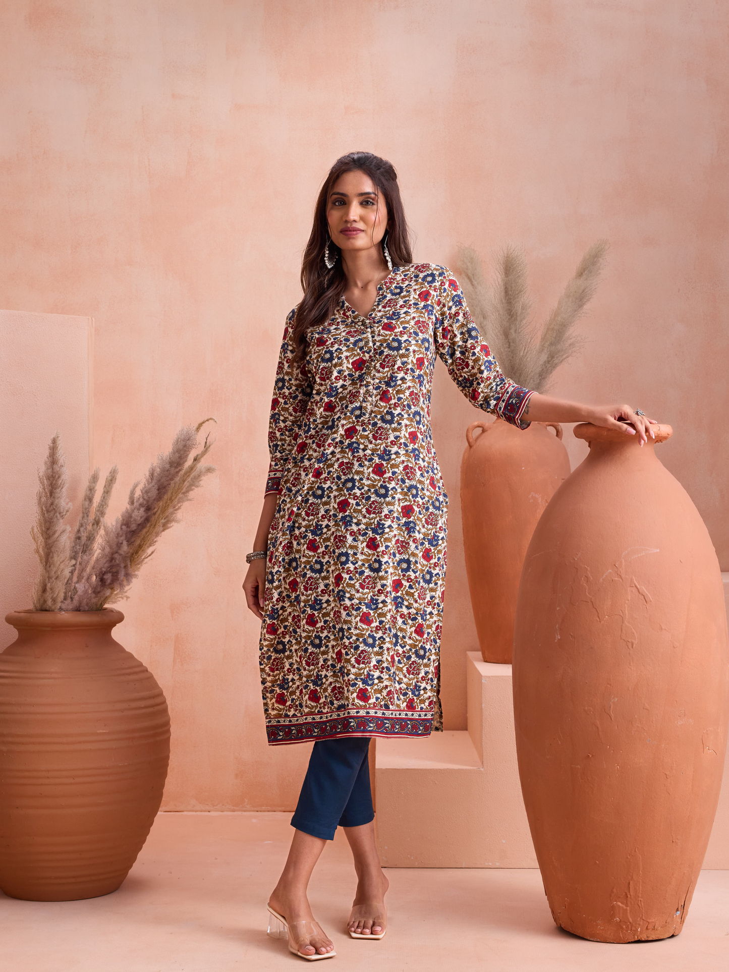 Red & Blue Floral Printed Kurta