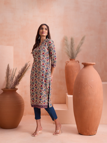 Red & Blue Floral Printed Kurta