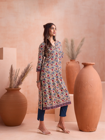 Red & Blue Floral Printed Kurta