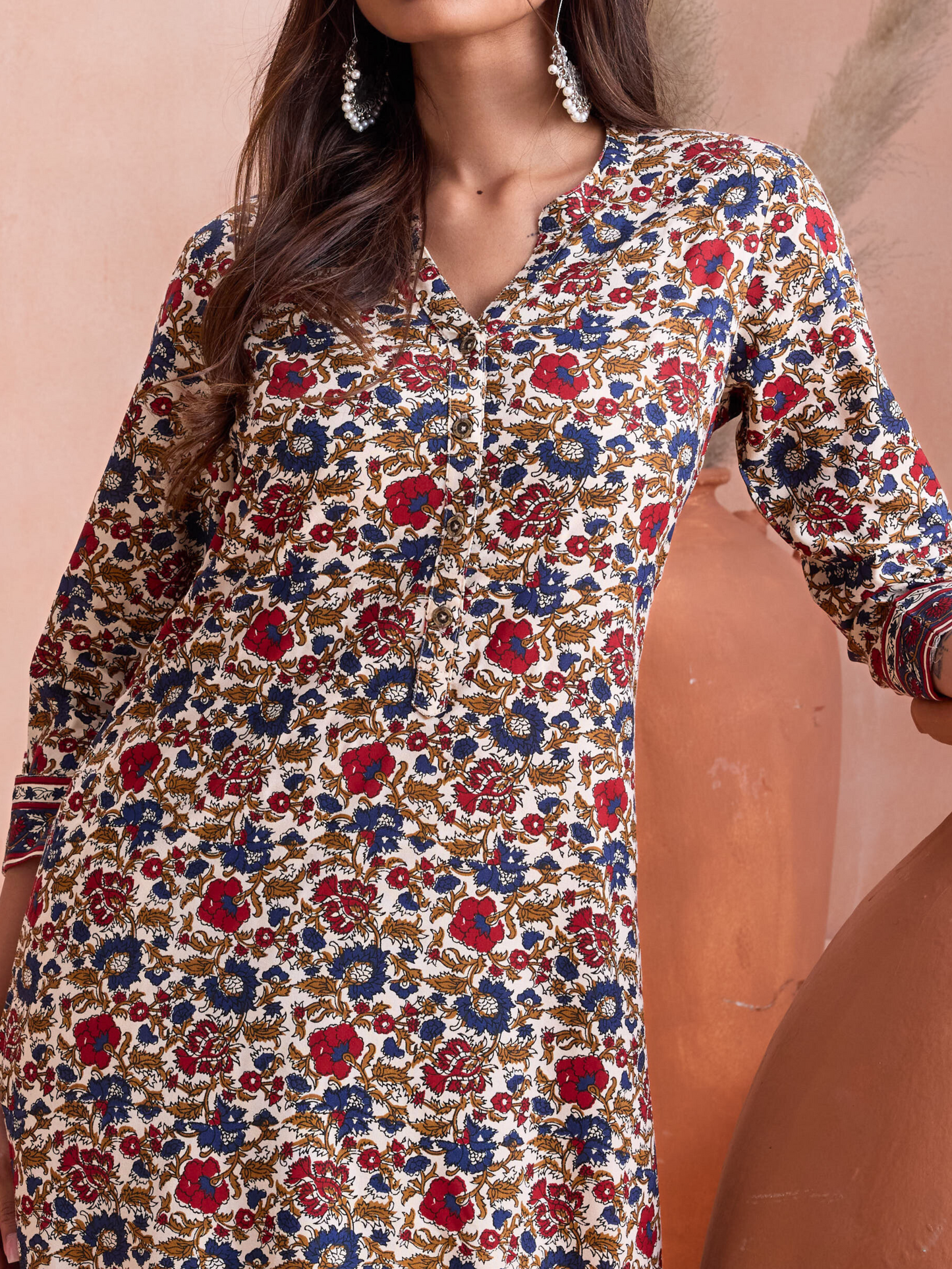 Red & Blue Floral Printed Kurta