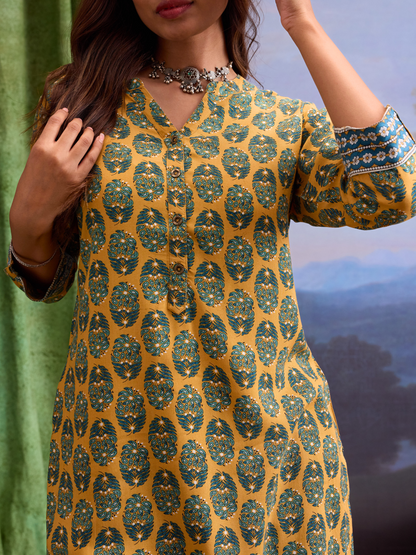 Yellow & Green Ethnic motifs Printed Kurta