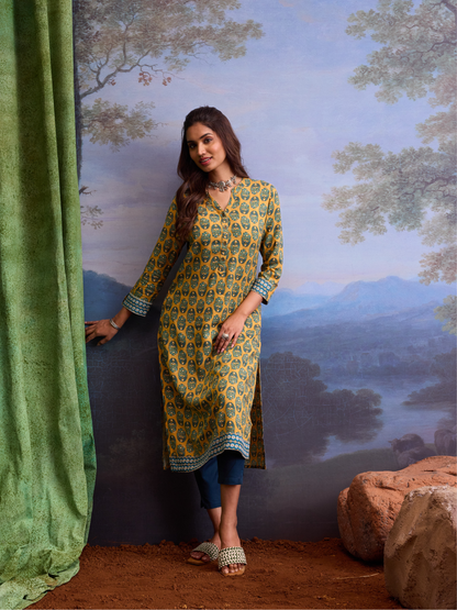 Yellow & Green Ethnic motifs Printed Kurta