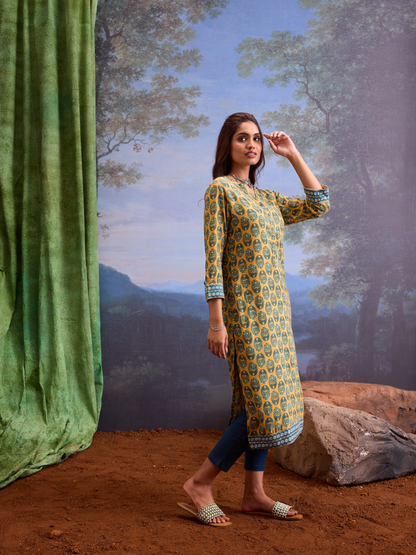 Yellow & Green Ethnic motifs Printed Kurta