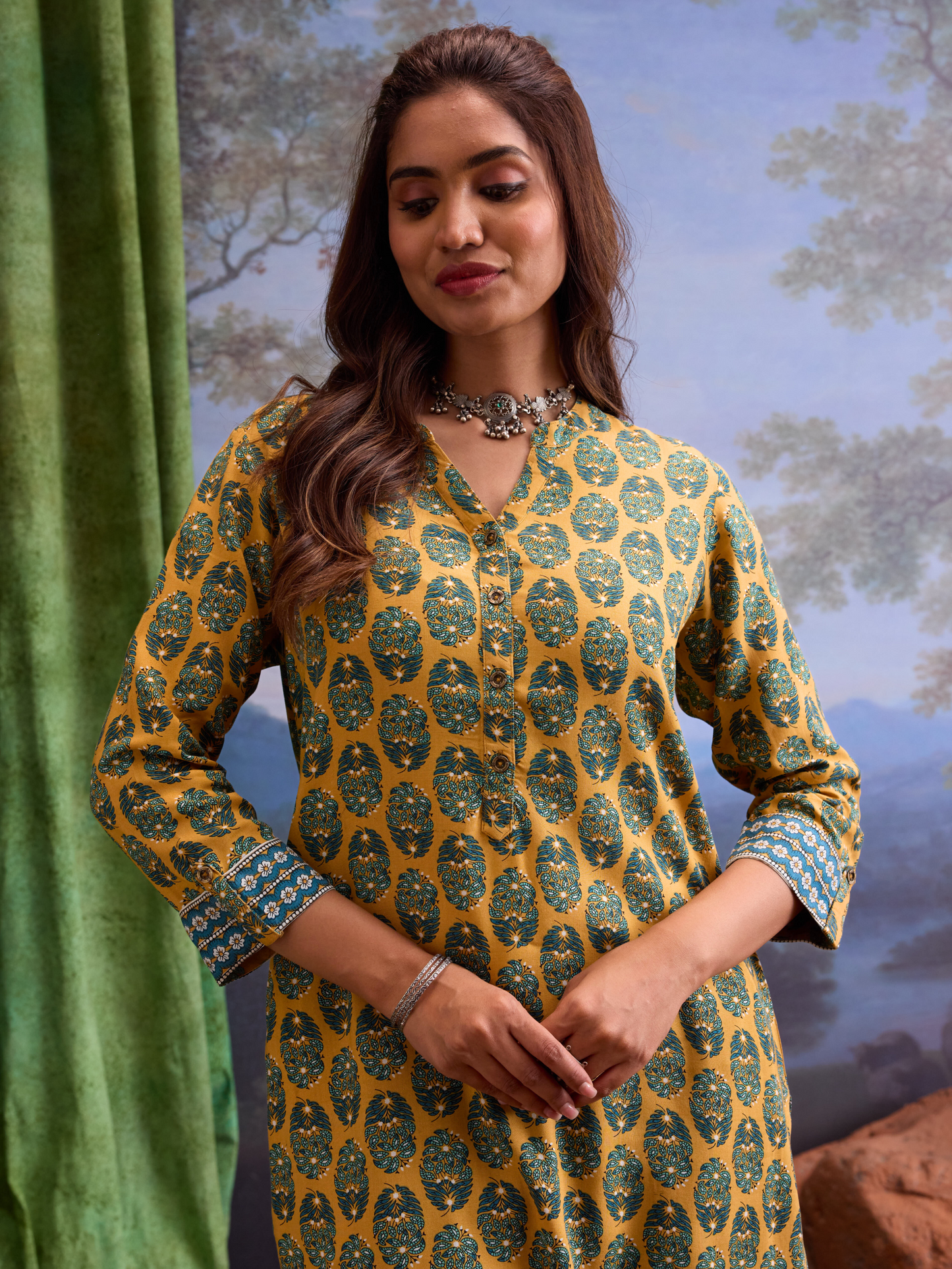 Yellow & Green Ethnic motifs Printed Kurta