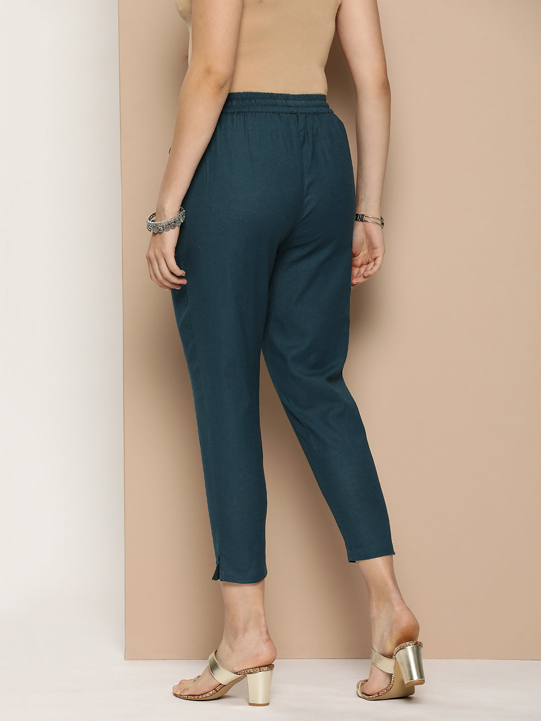 Blue Solid Pleated Cigarette Trousers