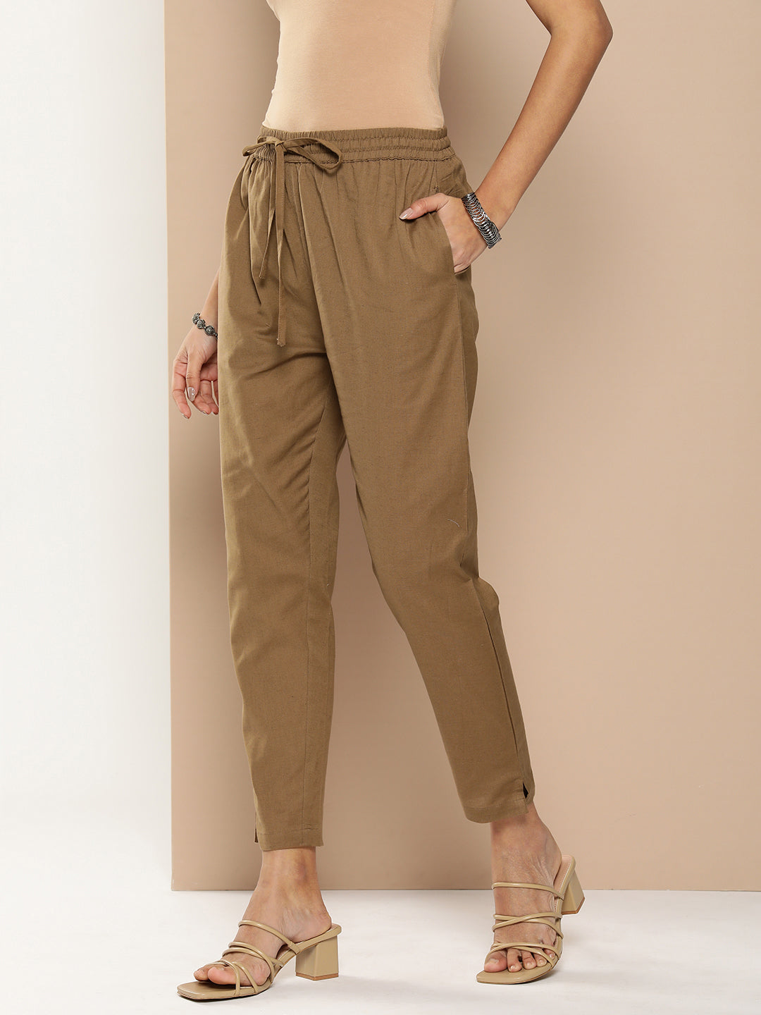 Khaki Solid Pleated Cigarette Trousers