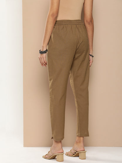 Khaki Solid Pleated Cigarette Trousers