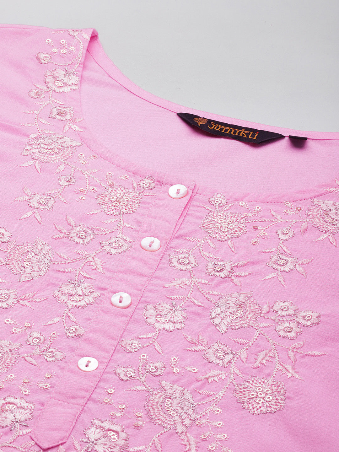 Pink Floral Embroidered Kurta with a pocket 