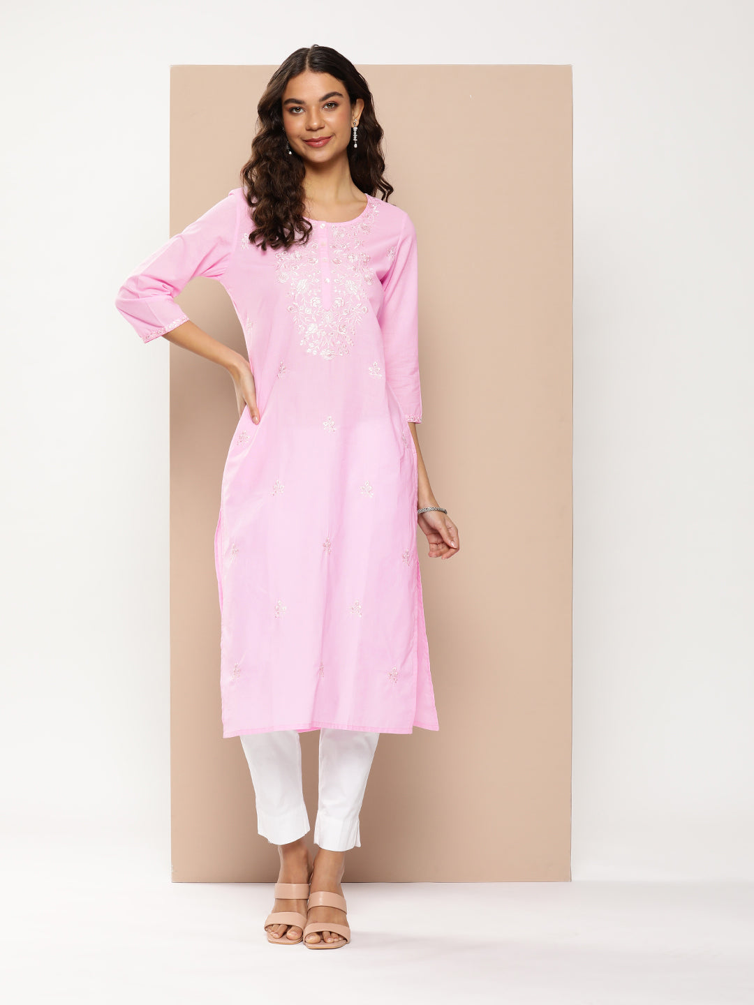 Pink Floral Embroidered Kurta with a pocket 