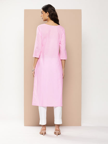 Pink Floral Embroidered Kurta with a pocket 