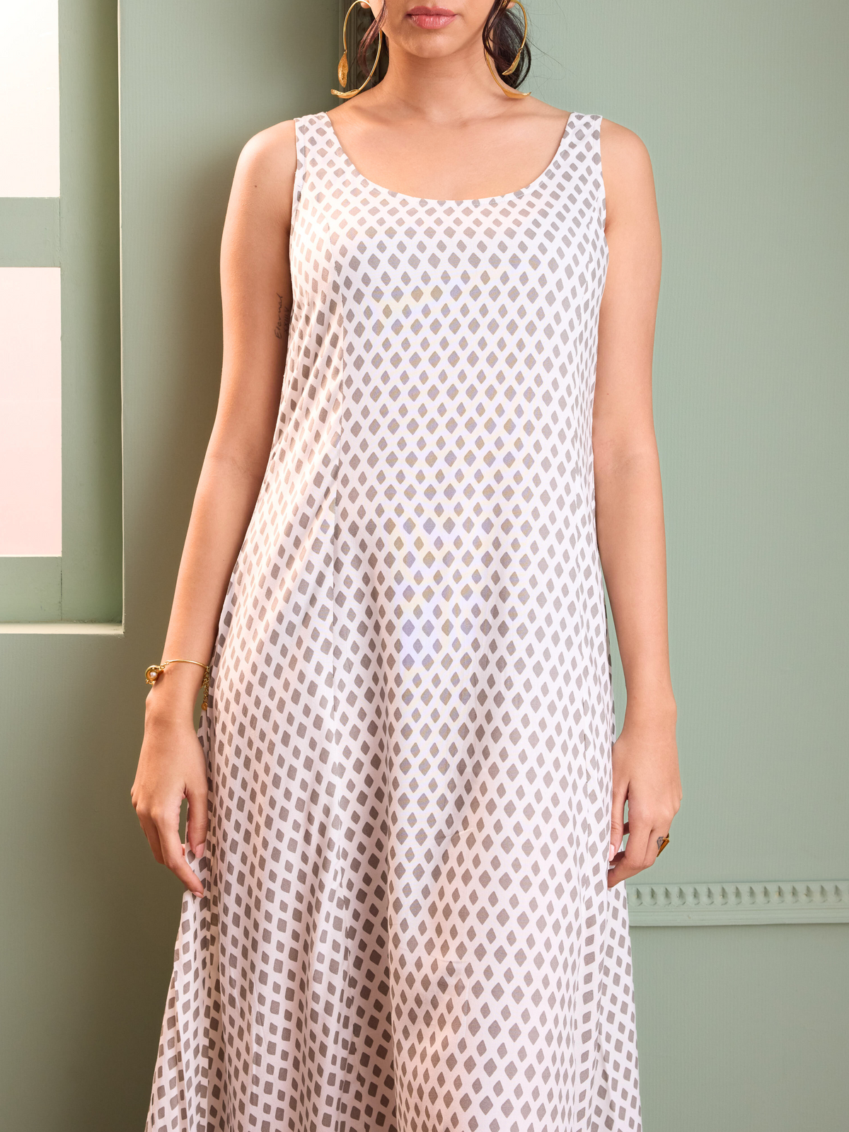 White Geometric Print Maxi Dress