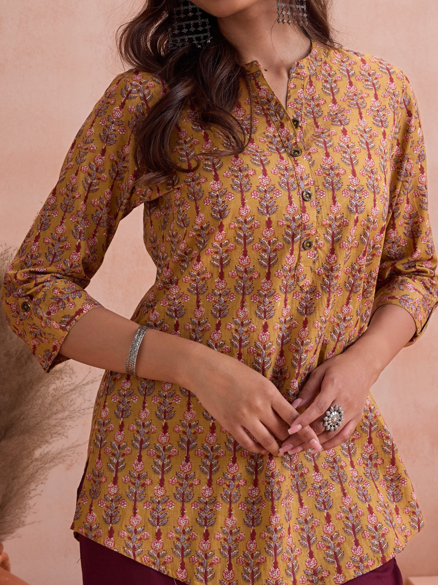 Yellow Mandarin Collar Printed Ethnic Tunic