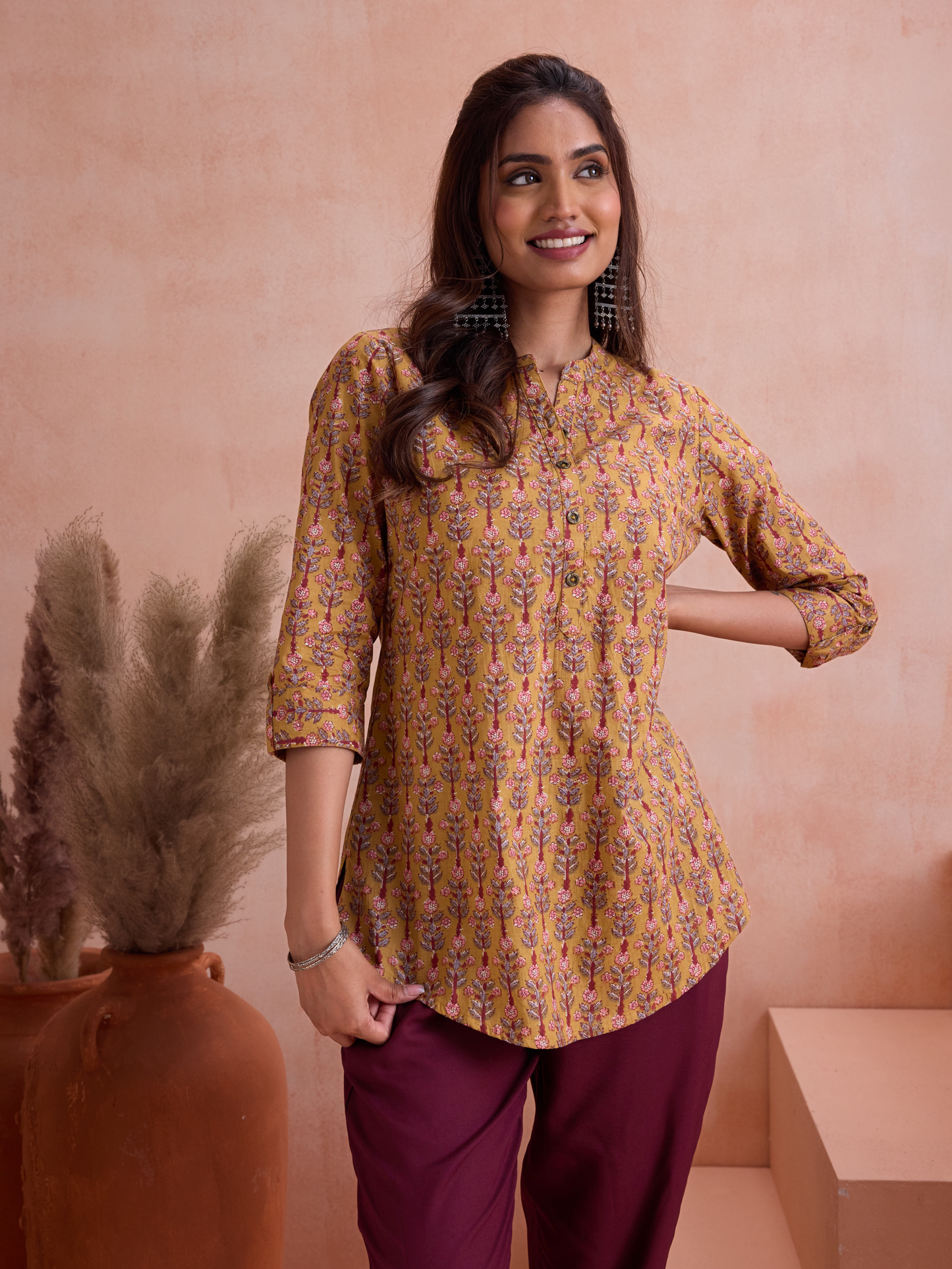 Yellow Mandarin Collar Printed Ethnic Tunic