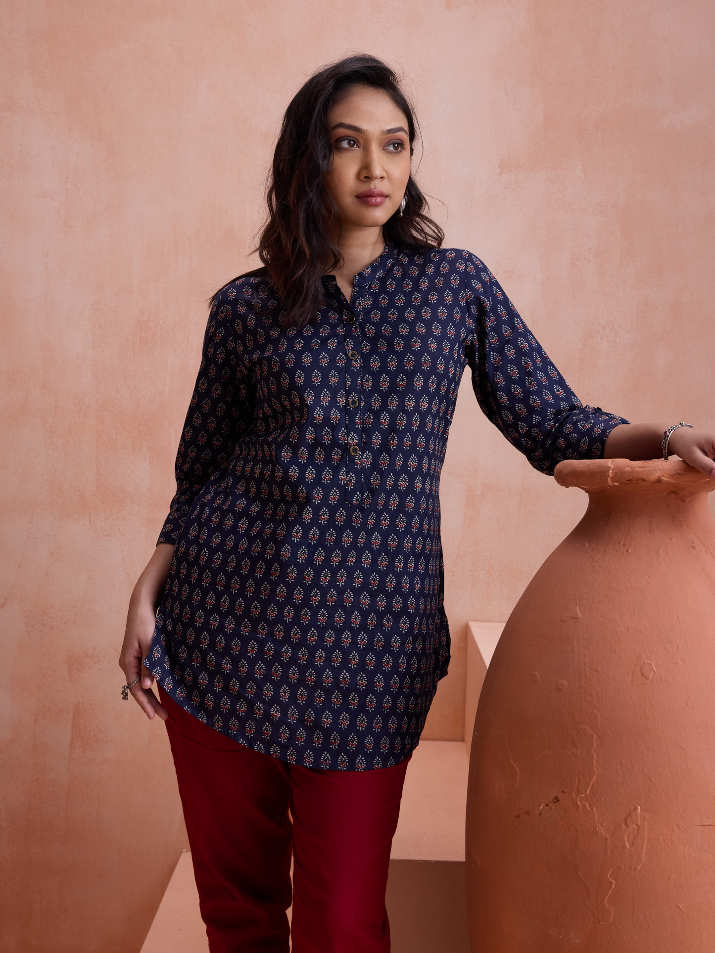 Blue Mandarin Collar Printed Ethnic Tunic