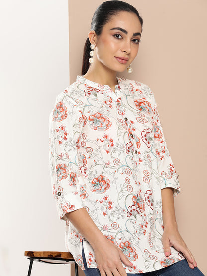 White Mandarin Collar Floral Print Ethnic Tunic