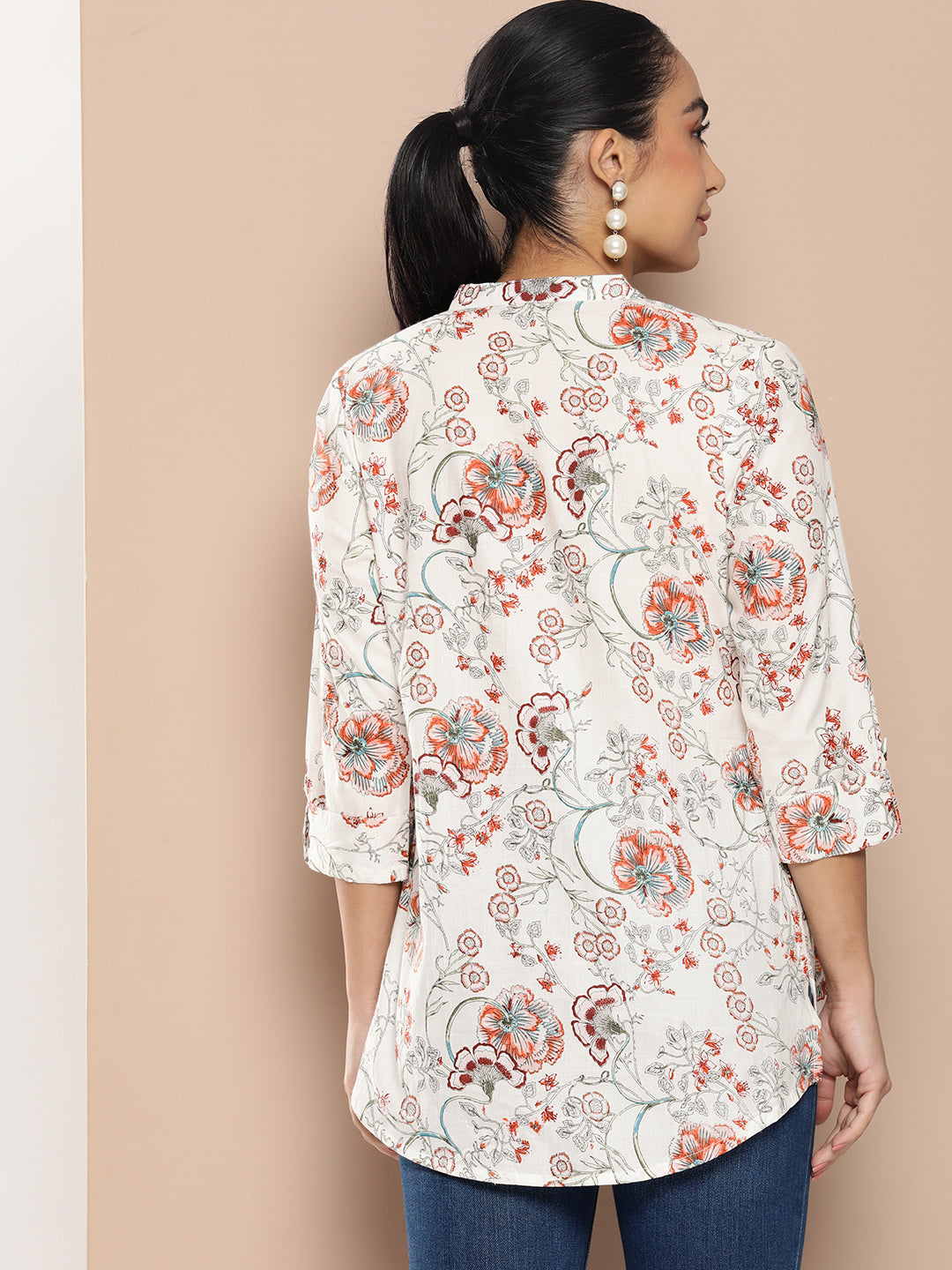 White Mandarin Collar Floral Print Ethnic Tunic