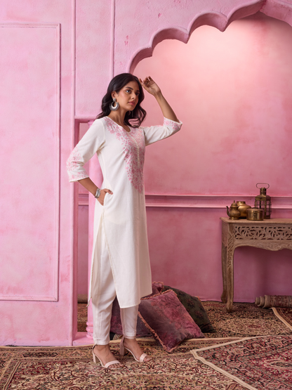 Ivory Floral Embroidered Sequinned Kurta